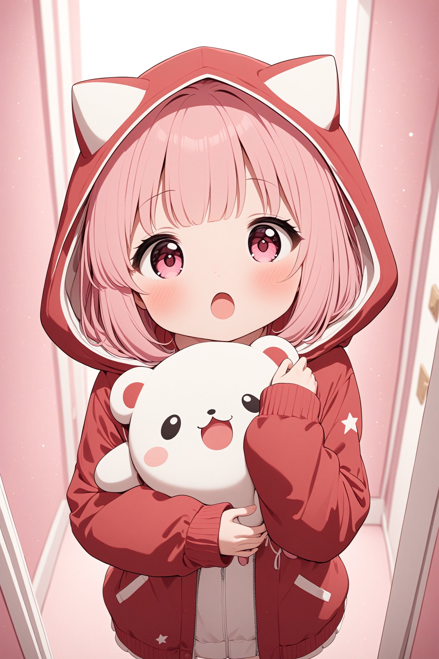 masterpiece, best quality, 1girl, solo, looking at viewer, blush, open mouth, bangs, long sleeves, jacket, pink hair, hood, pink eyes, star \(symbol\), :o, sleeves past wrists, hooded jacket, red jacket, hood up, star print. upper body, pov, pink room, hugging doll, from above