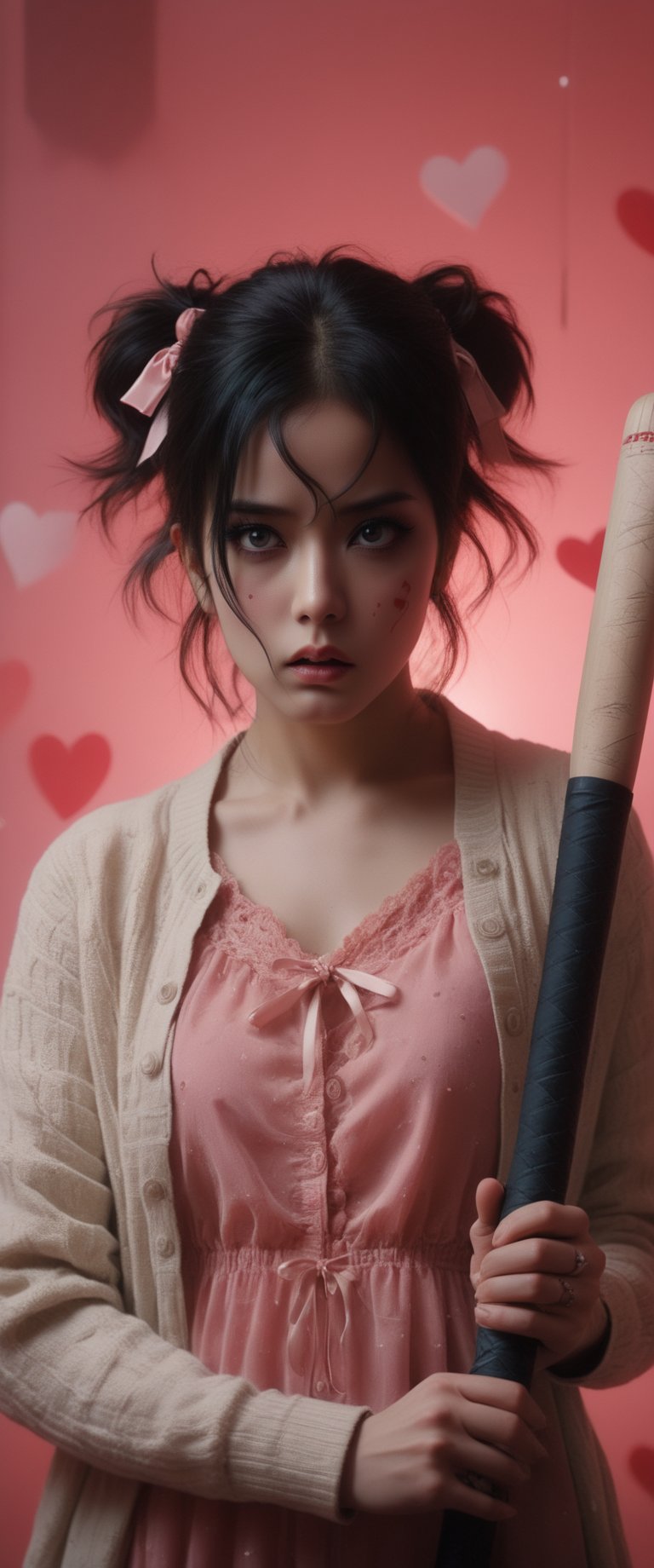breathtaking ethereal RAW photo of female, ((best quality, 1girl, black hair, hair ornament, hairclip, black eyes, short hair, , beige cardigan, cardigan, pink dress, red ribbon, , angry,holding baseball bat, baseball bat, blushing, looking at viewer, hearts, sparkles, pink background, 5 fingers, perfect hands



 )), dark and moody style, perfect face, outstretched perfect hands. masterpiece, professional, award-winning, intricate details, ultra high detailed, 64k, dramatic light, volumetric light, dynamic lighting, Epic, splash art .. ), by james jean $, roby dwi antono $, ross tran $. francis bacon $, michal mraz $, adrian ghenie $, petra cortright $, gerhard richter $, takato yamamoto $, ashley wood, tense atmospheric, , , , sooyaaa,IMGFIX,Comic Book-Style,Movie Aesthetic,action shot,photo r3al ,bad quality image,oil painting, cinematic moviemaker style,Japan Vibes,H effect,koh_yunjung ,koh_yunjung,kwon-nara,sooyaaa,colorful,bones,skulls,armor,han-hyoju-xl
,DonMn1ghtm4reXL, ct-fujiii,ct-jeniiii, ct-goeuun,mad-cyberspace,FuturEvoLab-mecha,cinematic_grain_of_film,a frame of an animated film of,score_9,3D,style akirafilm,Wellington22A,Mina Tepes,lucia:_plume_(sinful_oath )_(punishing:_g,VAMPL, FANG-L ,kizuki_rei, ct-eujiiin,Jujutsu Kaisen Season 2 Anime Style,ChaHaeInSL,Mavelle,Uguisu Anko,Zenko,ct-virtual