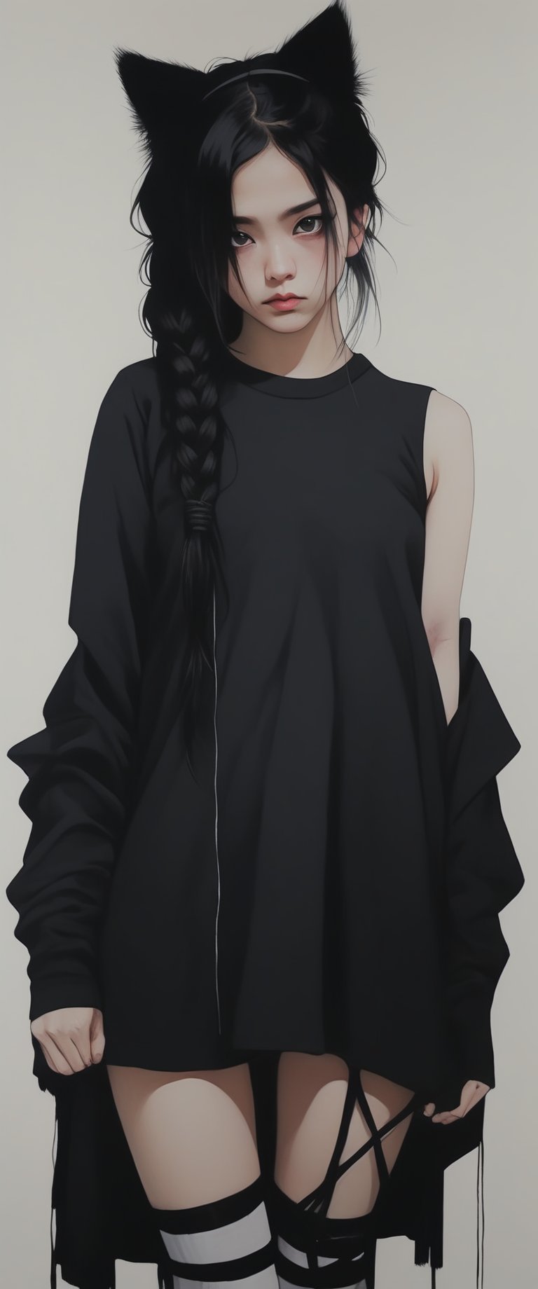 (Japanese girl like a samurai in the style of Conrad Roset, Nicola Samori), ultra realistic, (arbitrarily beautiful:1.4), full body, sexy female, (shiny black hair, long braids, cat ears), more detail XL, ct-fujiii,ct-virtual