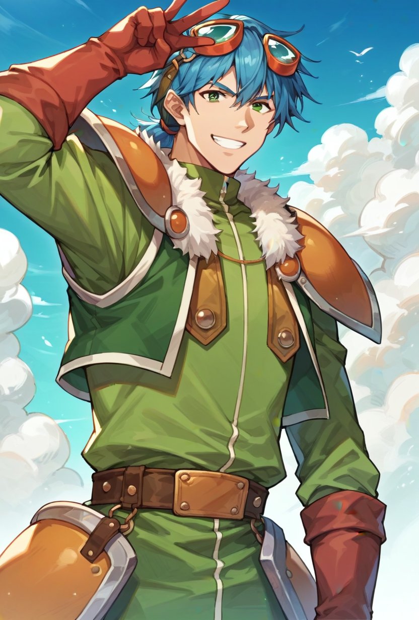 (score_9, score_8_up:1.1), score_7_up, kyle capua, 1boy, solo, blue hair, short ponytail, green eyes, googles on head, fur trim, armor, green outfit, smile, v, looking at viewer, sky, clouds