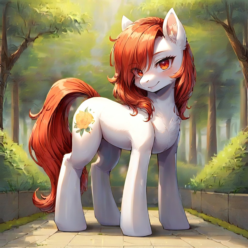 score 9, score 8 up, 1girl, masterpiece, fluffy, full body, pony, cute, beautiful, pretty, my little pony, outdoors, standing, red hair, ((hair over one eye)), yellow eyes, slit pupils, from side, looking_at_viewer, equine