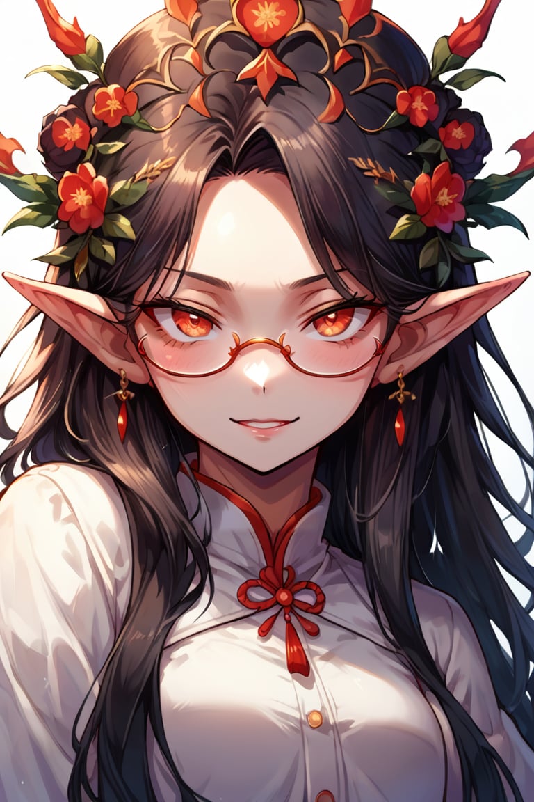 score_9, score_8_up, score_7_up, source_anime, female, semi-rimless eyewear, fangs, humanoid pointy ears, red eyes, black hair, long hair, glowing eyes, hair flower, white background, symbol-shaped pupils, white background,