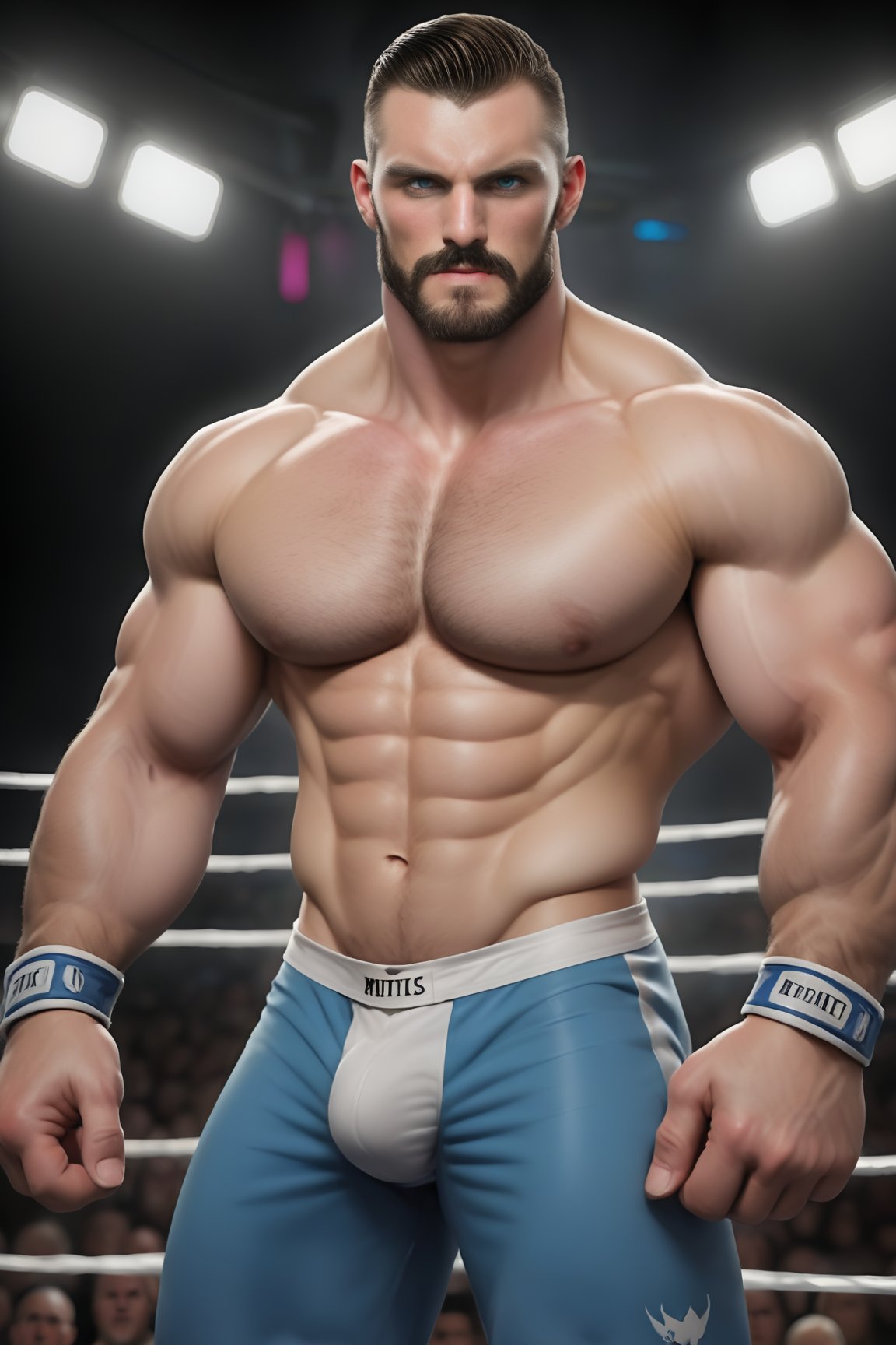 here's a prompt for an sd image:

a majestic english wrestler stands tall and muscular on a dimly lit wrestling ring, his piercing blue eyes intensely gazing into the camera lens. he wears a well-rendered singlet with large white wristbands, broad shoulders and neck, and defined cheekbones with a strong jawline accentuated by brown facial hair and an undercut comb-back hairstyle. his determined face is highlighted under the intense spotlight, while the soft-focused crowd in the background cheers wildly, their faces barely visible behind the haze of stage smoke and misty lights. banners hang from the rafters above, adding to the drama and tension of the cinematic wrestling scene. falk0man