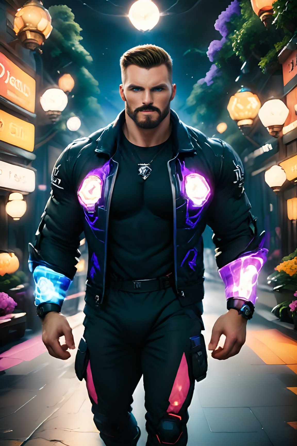 In this Unreal Engine 5 masterpiece, the telepath stands center frame, his piercing blue eyes ablaze with semi-translucent lightbeams that radiate an otherworldly energy. His powerful gaze is reinforced by prominent cheekbones and a sharp jawline, defined by his brown beard. The focal point of the scene is his intense expression, as if commanding the viewer's mind. He wears a majestic purple illusionist jacket that refracts light through ray-tracing refractions, adding depth to the composition. The backdrop is a breathtakingly colorful, psychedelic forest, where lost trees twist and writhe in a mesmerizing dance of shadows and light. A powerful vignette seals off the borders, drawing the viewer's attention to the telepath's commanding presence, as if daring them not to succumb to his mind-controlling gaze.