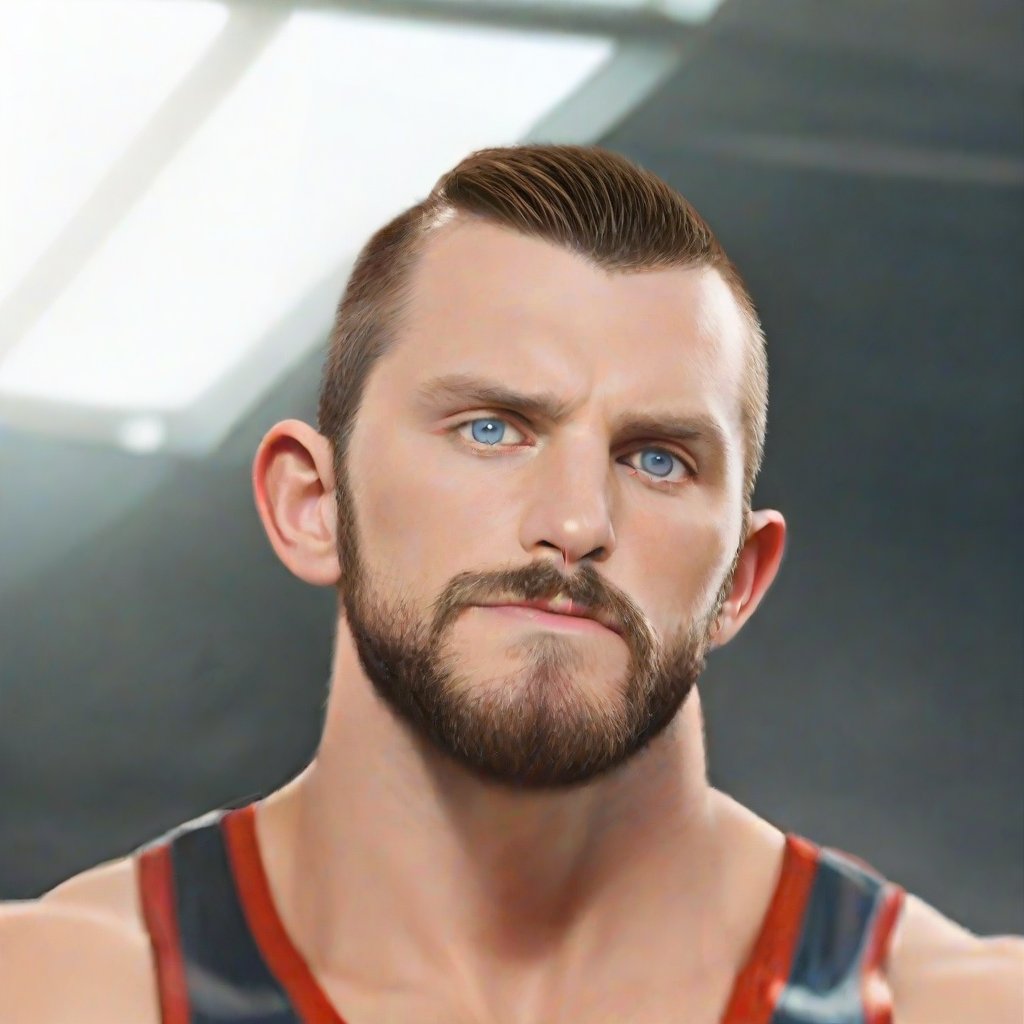 a man, falk0man, highres image scan, realistic, handsome manly male, beard, large cheekbones, facialportrait, indoors, ceiling window light, intense softglow, piercing blue eyes, intense gazing at viewer, determined, evil, wresting singlet on, 