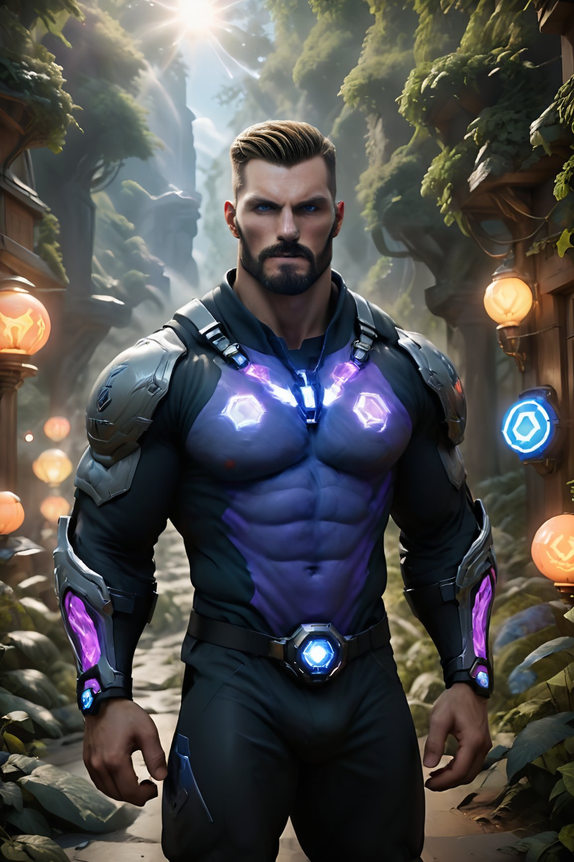 In this Unreal Engine 5 masterpiece, the telepath stands triumphantly amidst a surreal lost forest. He radiates an otherworldly aura as his striking blue eyes blaze with semi-translucent lightbeams, drawing the viewer's gaze. His determined expression and powerful jawline are accentuated by his brown beard, while his large cheekbones add depth to his commanding presence. The well-rendered purple illusionist jacket refracts light, aided by ray-tracing refractions. Against a backdrop of vibrant, swirling colors, the telepath's intense stare holds sway, as if he can bend reality with his mind.