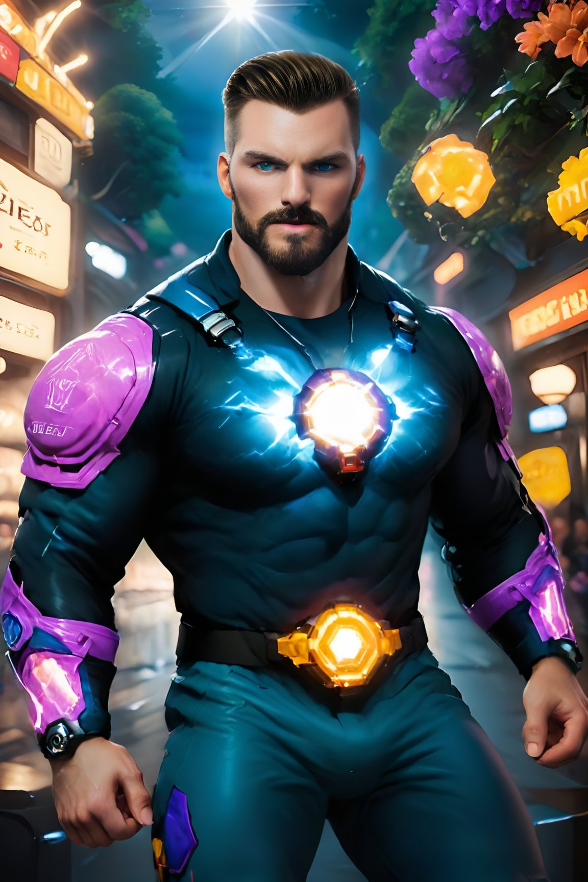 In this Unreal Engine 5 masterpiece, the telepath stands center frame, his piercing blue eyes ablaze with semi-translucent lightbeams that radiate an otherworldly energy. His powerful gaze is reinforced by prominent cheekbones and a sharp jawline, defined by his brown beard. The focal point of the scene is his intense expression, as if commanding the viewer's mind. He wears a majestic purple illusionist jacket that refracts light through ray-tracing refractions, adding depth to the composition. The backdrop is a breathtakingly colorful, psychedelic forest, where lost trees twist and writhe in a mesmerizing dance of shadows and light. A powerful vignette seals off the borders, drawing the viewer's attention to the telepath's commanding presence, as if daring them not to succumb to his mind-controlling gaze.