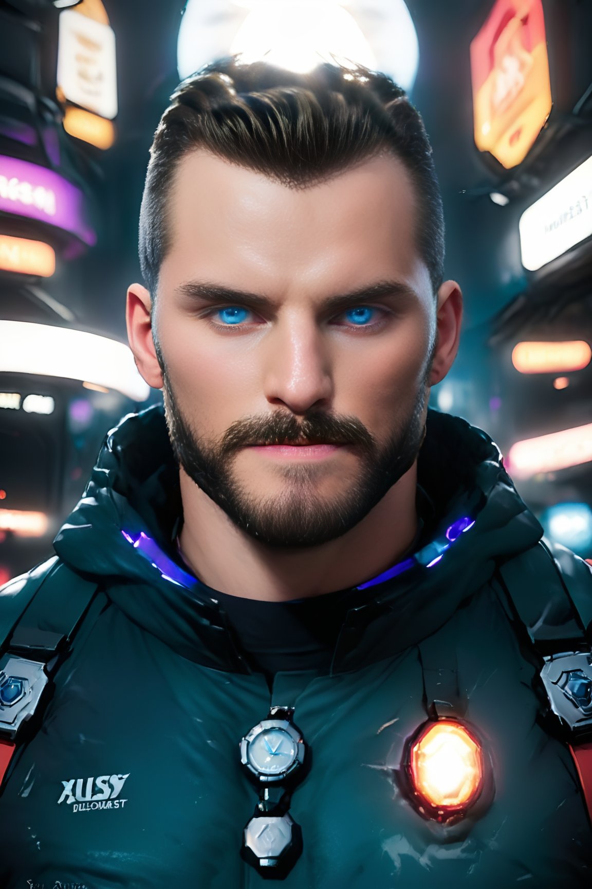  In this Unreal Engine 5 rendering, a telepath stands majestically, his piercing blue eyes aglow with semi-translucent quasar lightbeams (powered by ActionVFX) that dominate the viewer. His determined expression radiates mind-control as he wears a well-rendered purple illusionist's jacket refracting light through ray-tracing refractions. Strong cheekbones and a brown beard accentuate his jawline. The background is a surreal, intensely colorful lost forest in chiaoroscuro, where night and day blur. A powerful vignette intensifies focus on the mind-breaking male figure, set against an abyss of darkness. Powerful Illusionism rendered in Source Filmmaker (SFM) for extra Fantastic Realism breaking the molds of Realistic Dark Fantasy, falk0man