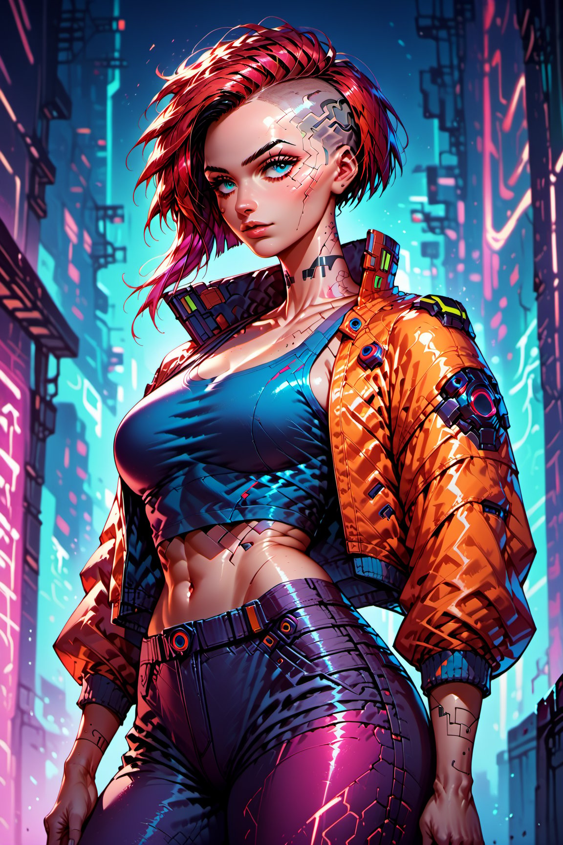 score_9, score_8_up, score_7_up. 1girl, beautiful tomboy girl. short hair, highlights. Tanktop, pants, neon jacket, neon clothes. Large hip, pop hip. cowboy_shot. Night, cyberpunk city background,n304rt