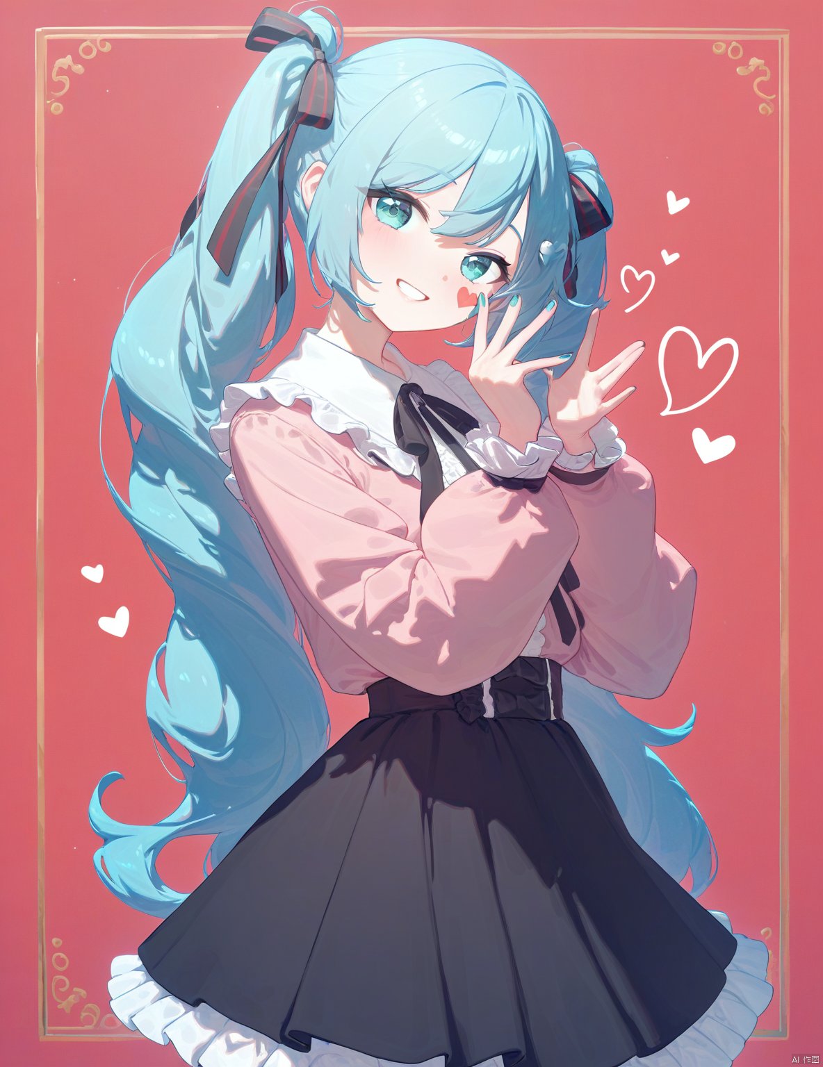 icecake,1girl, solo, skirt, hatsune miku, twintails, shirt, long hair, smile, pink shirt, ribbon, looking at viewer, black skirt, red background, heart, hair ribbon, long sleeves, bangs, jirai kei, hair ornament, black ribbon, aqua hair, aqua eyes, frills, grin, heart hair ornament, cowboy shot, puffy sleeves, facial mark, from side, blue hair, hands up, nail polish, looking to the side, teeth, mask