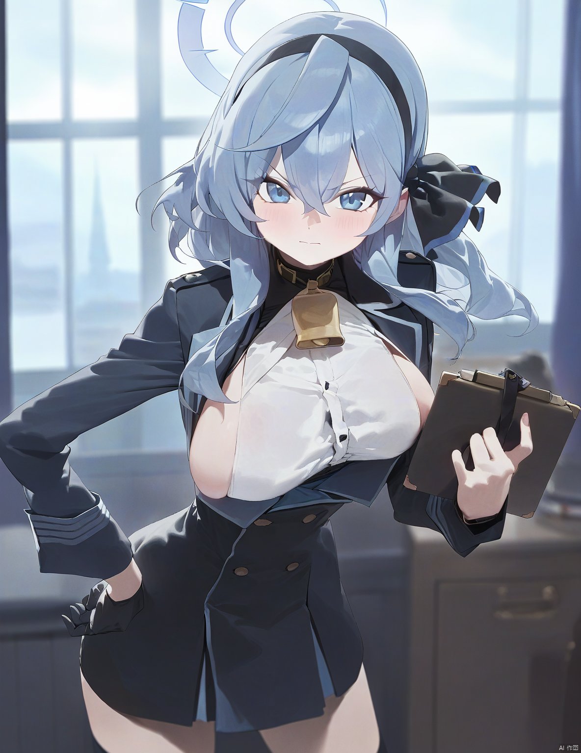 modare, 1girl, ako (blue archive), breasts, solo, halo, sideboob, holding clipboard, gloves, clipboard, blue eyes, blue hair, bell, large breasts, looking at viewer, hairband, neck bell, long hair, hair between eyes, hand on hip, bangs, blush, black gloves, skirt, double-breasted, holding, black skirt, long sleeves, buttons, half gloves, closed mouth, hair ribbon, ribbon, black hairband, indoors, blurry, cowboy shot, blurry background, leaning forward, jacket, cowbell, thighhighs, window, miniskirt, v-shaped eyebrows, white shirt, shirt