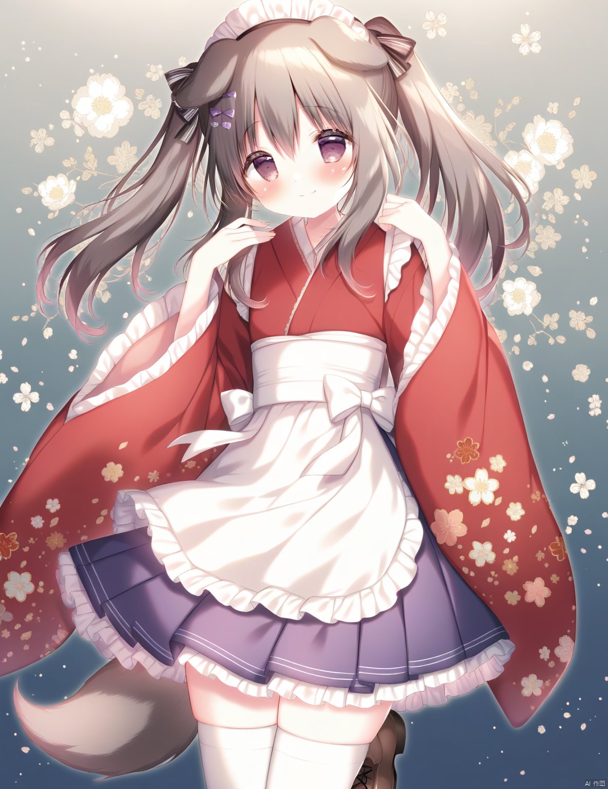 shiratama (shiratamaco), 1girl, animal ears, solo, dog ears, tail, thighhighs, japanese clothes, smile, wa maid, brown hair, dog tail, skirt, kimono, white thighhighs, dog girl, wide sleeves, twintails, frills, white apron, apron, blush, maid headdress, looking at viewer, long sleeves, frilled skirt, frilled apron, closed mouth, hair between eyes, long hair, bangs, floral background, hands up, bow, red kimono, purple skirt, hair bow, pleated skirt, floral print, boots, ribbon, brown footwear, standing, standing on one leg, frilled sleeves, zettai ryouiki, brown eyes, purple eyes, hair ornament, frilled kimono, wa lolita, maid apron