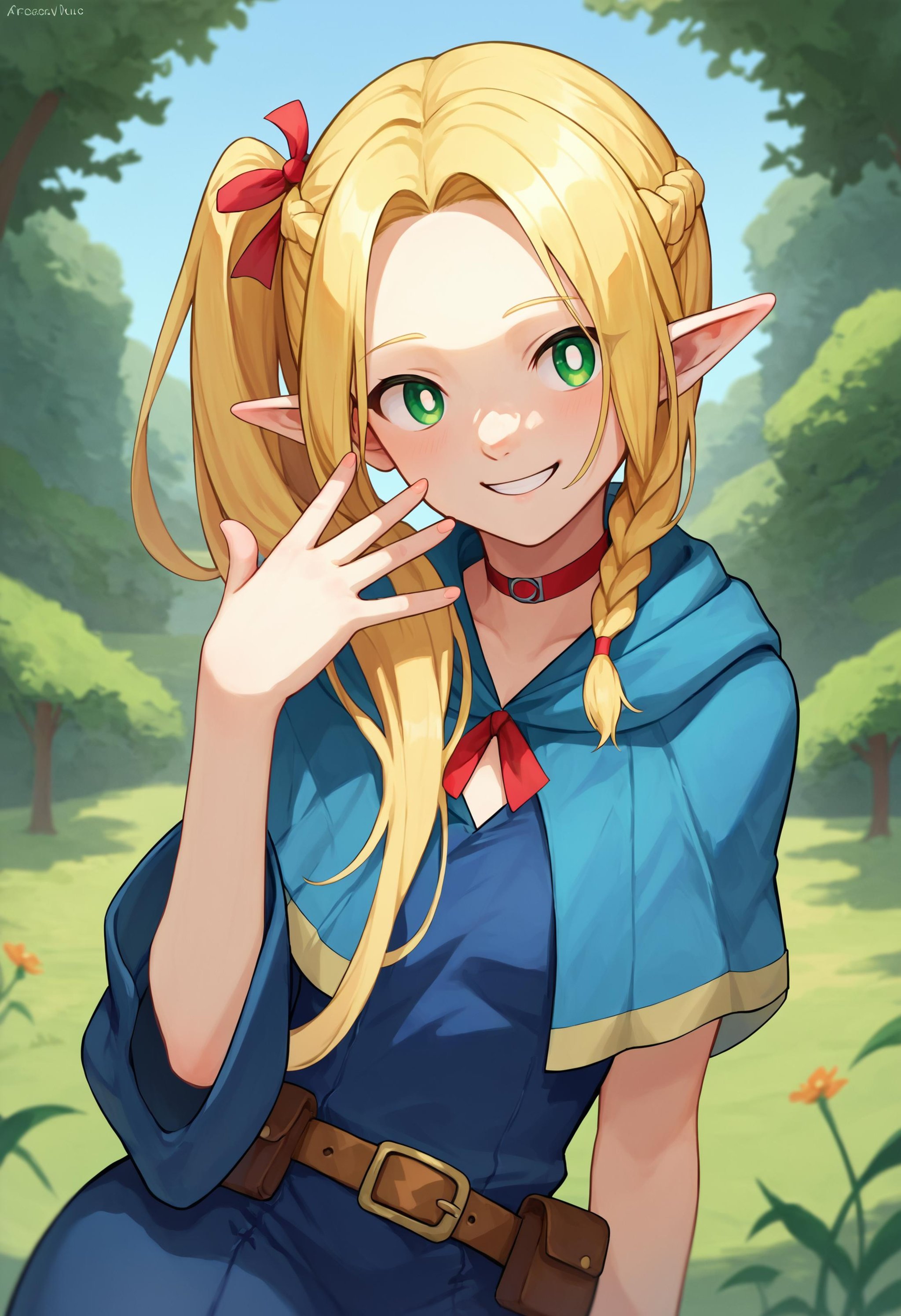 score_9_up score_8_up score_7_up, 1girl, side ponytail long hair, smile<lora:sidetail_miku_noodle_stopper_2:1>BREAKmarcille, blue capelet blue robe belt, french braid twin braids<lora:falin_marcille_pony_d16:1>