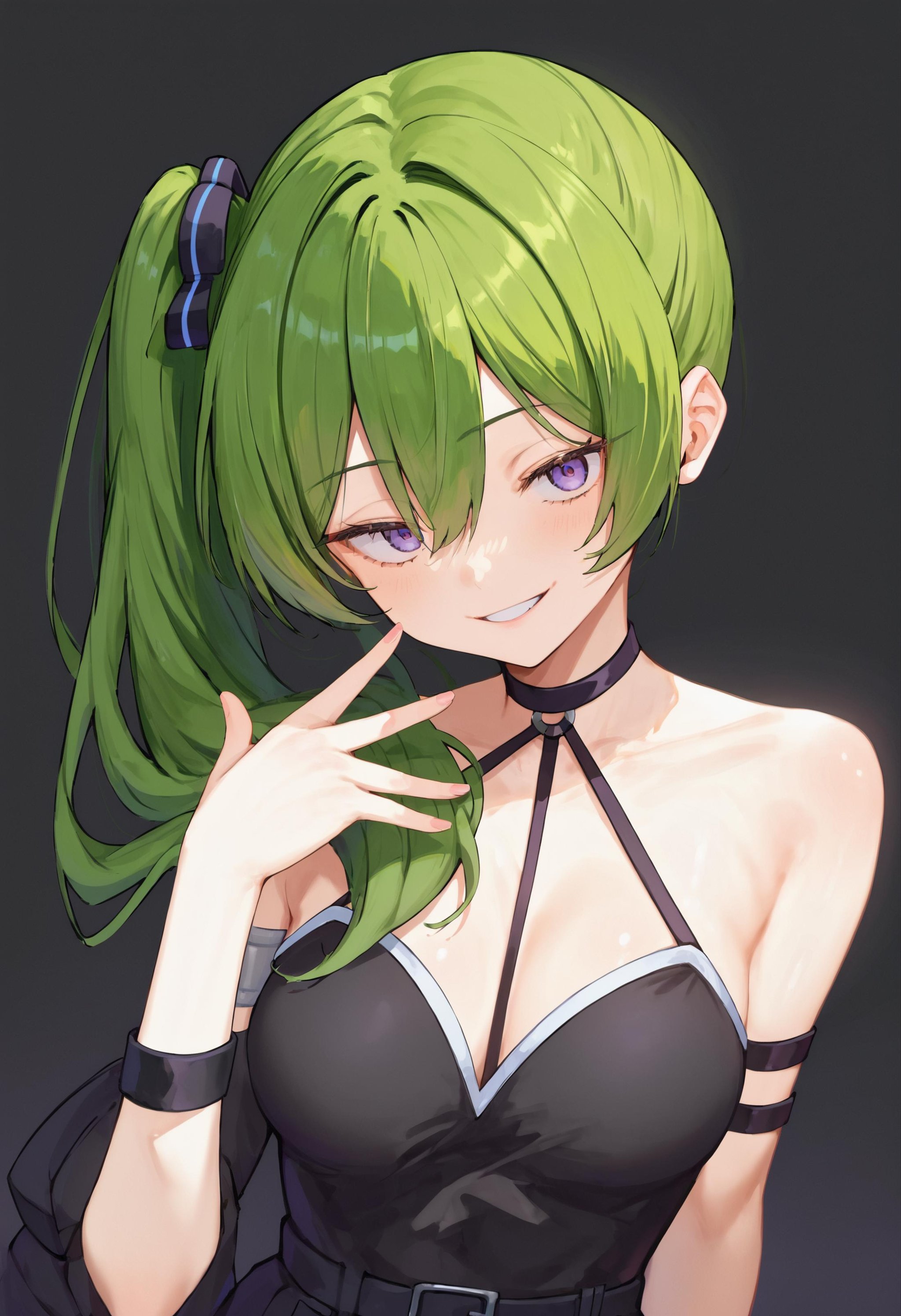 score_9_up score_8_up score_7_up, source_anime, 1girl, side ponytail long hair, smile, simple background<lora:sidetail_miku_noodle_stopper_2:1>BREAKlebupnxl, ubel \(sousou no frieren\), green hair, side ponytail, black dress, black choker, arm strap<lora:others_sousou_no_frieren_ubel:1>