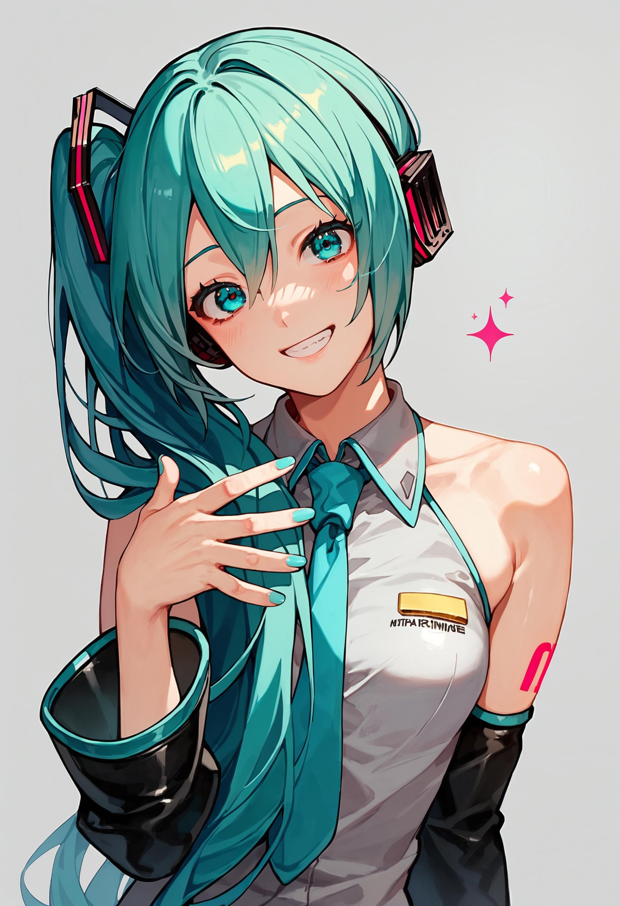 score_9_up score_8_up score_7_up, 1girl, side ponytail long hair, smile, simple background, hatsune miku<lora:sidetail_miku_noodle_stopper_2:0.8>