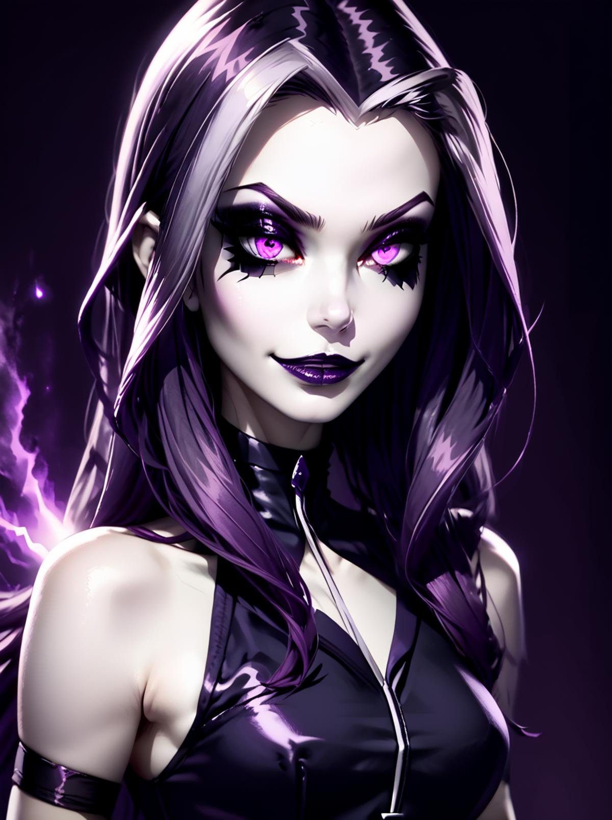 score_9, score_8_up, score_7_up, source_photo, realistic,  <lora:WinxAndTrixPony:0.8>,winxtrix,Darcy,1 girl, solo, long wavy dark purple hair, violet eyes, wearing a dark purple gothic outfit with a high collar, gothic style, slender build, mischievous smile, pale skin, mysterious aura, dark magic.,<lora:Ghotic_haunted_world:0.6>