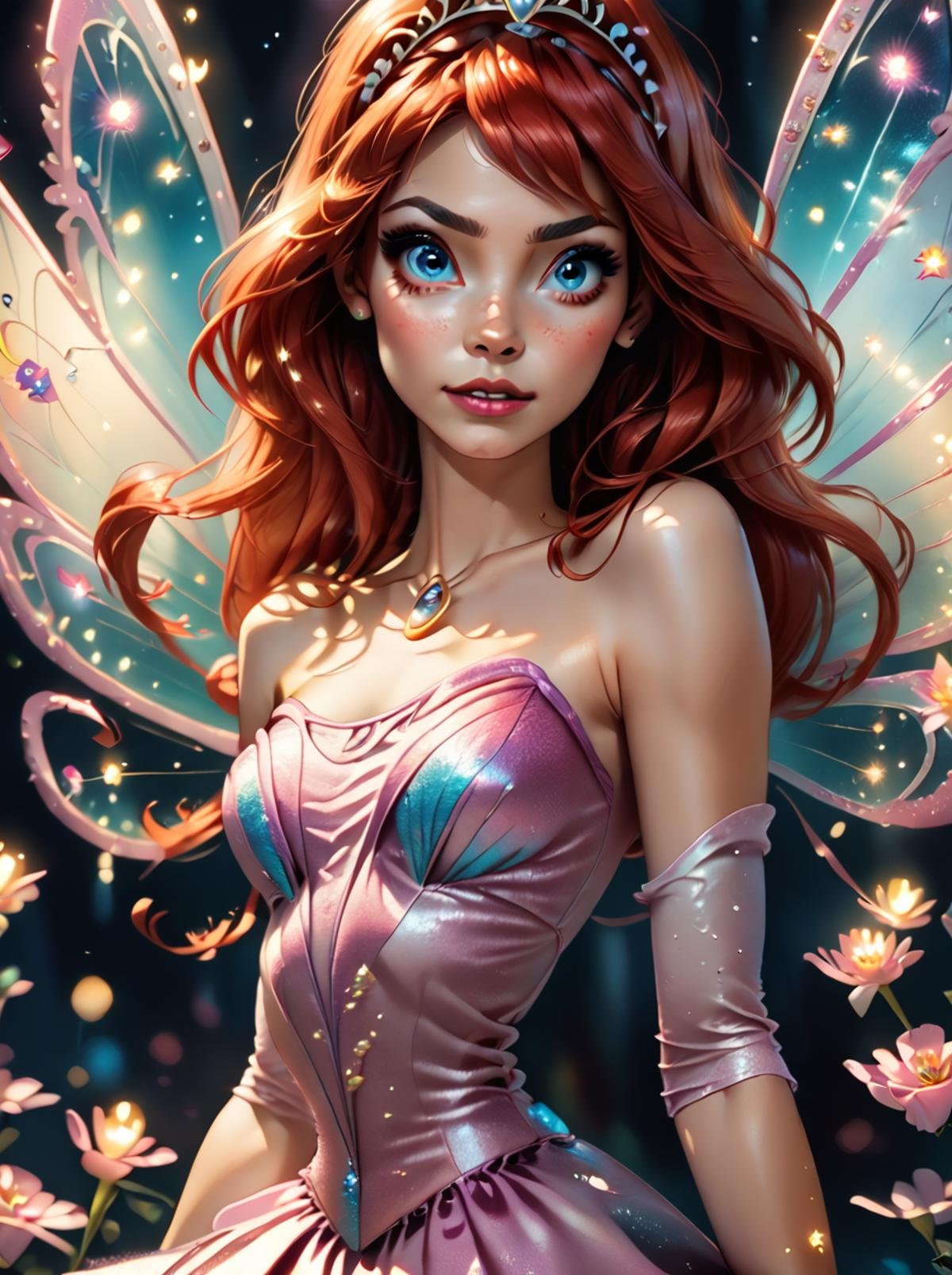 score_9, score_8_up, score_7_up, <lora:WinxAndTrixPony:0.8>,winxtrix,1 girl, solo, long red hair, blue eyes, wearing a sparkling blue and pink fairy dress,white tiara, elaborate fairy wings, teenage, cheerful expression, pale skin, magical aura, surrounded by fiery sparkles.