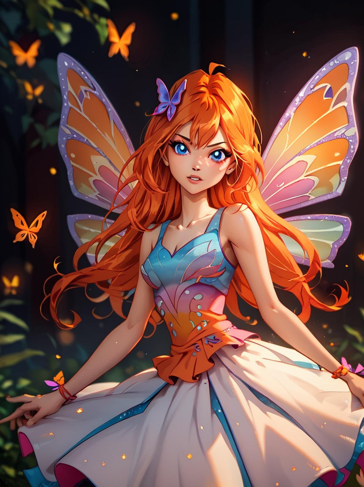 score_9, score_8_up, score_7_up, <lora:WinxAndTrixPony:0.8>,winxtrix,,bloom, butterfly wings, wings, long hair, 1girl, solo, dress, orange hair, fairy, blue eyes, hair ornament