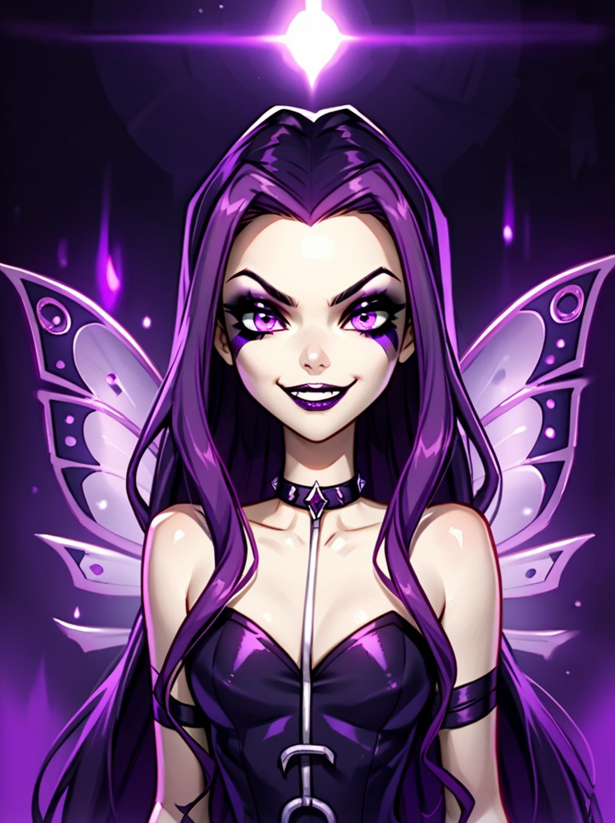 score_9, score_8_up, score_7_up, <lora:WinxAndTrixPony:0.8>,winxtrix,Darcy,1 girl, solo, long wavy dark purple hair, violet eyes, wearing a dark purple and black fairy outfit, sinister fairy wings, slender build, mischievous smile, pale skin, dark magical aura, surrounded by shadows.