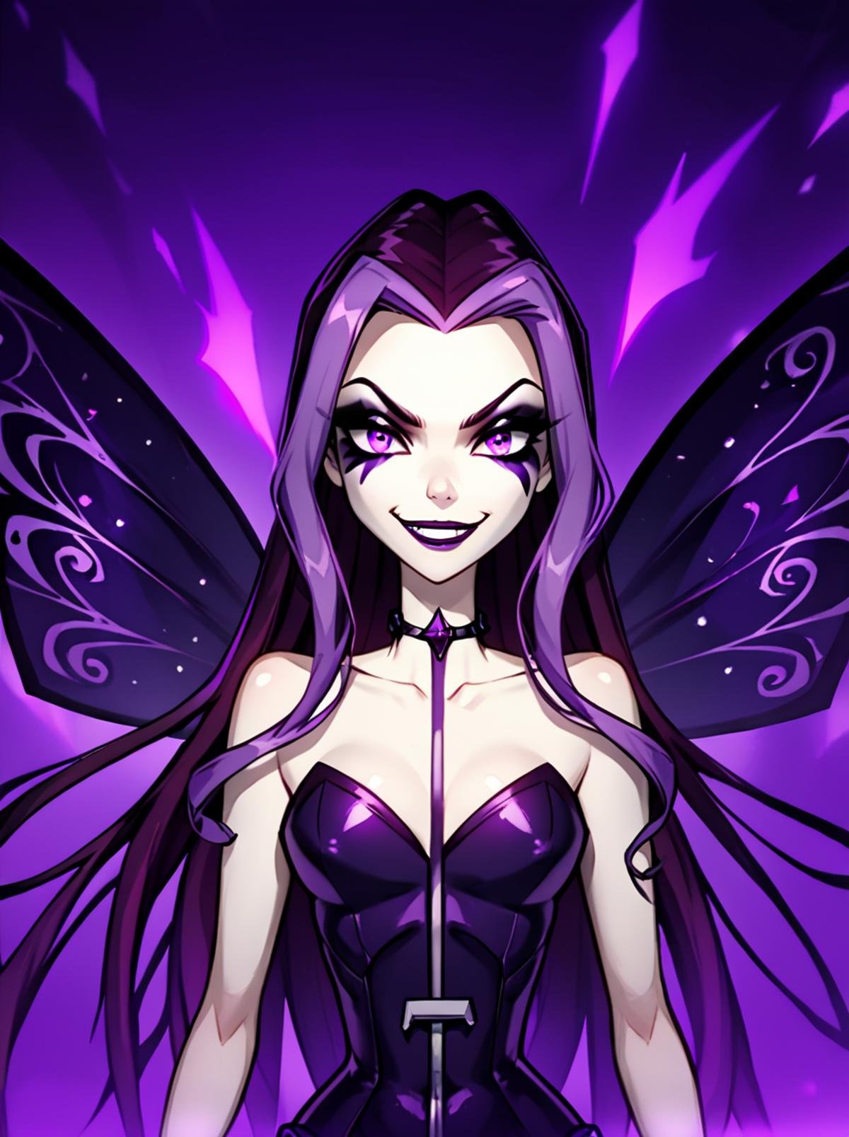 score_9, score_8_up, score_7_up, <lora:WinxAndTrixPony:0.8>,winxtrix,Darcy,1 girl, solo, long wavy dark purple hair, violet eyes, wearing a dark purple and black fairy outfit, sinister fairy wings, slender build, mischievous smile, pale skin, dark magical aura, surrounded by shadows.