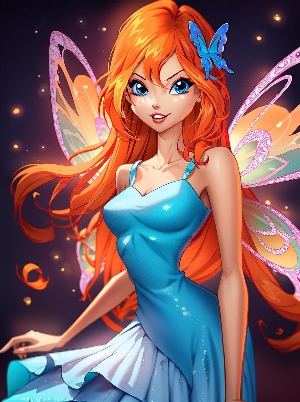 score_9, score_8_up, score_7_up, source_cartoon, <lora:WinxAndTrixPony:0.8>,winxtrix,,bloom,,cartoon style, butterfly wings, wings, long hair, 1girl, solo, dress, orange hair, fairy, blue eyes, hair ornament