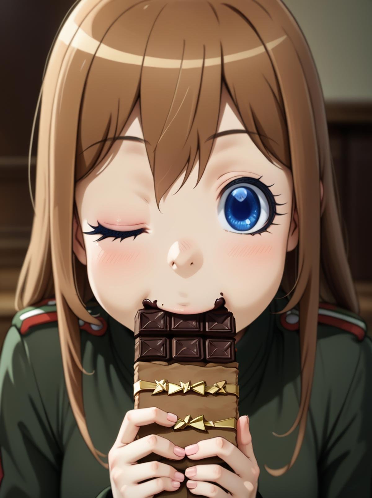 score_9, score_8_up, score_7_up, BREAK source_anime,  <lora:youjo_senki_Viktoriya_Serebryakov:0.8>,visha,, 1girl, blue eyes, chocolate, solo, one eye closed, brown hair, chocolate bar, uniform, military uniform,, food, long hair,eating