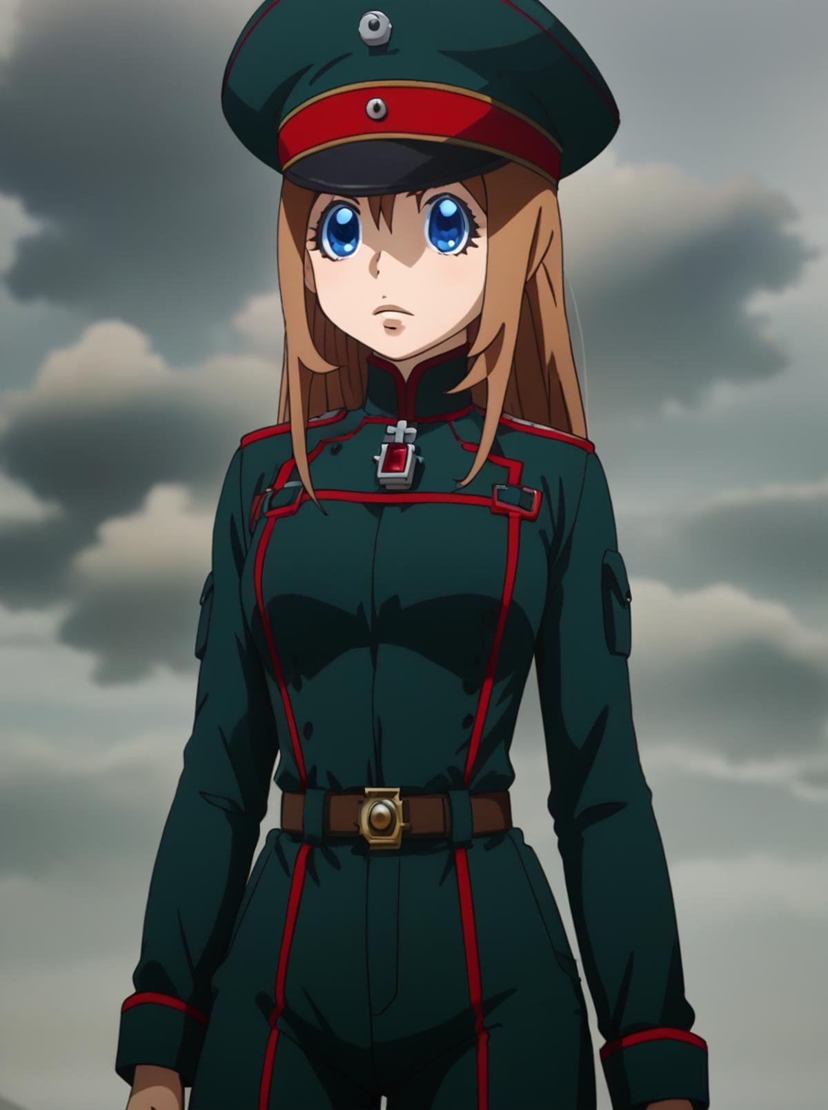 score_9, score_8_up, score_7_up, BREAK source_anime,  <lora:youjo_senki_Viktoriya_Serebryakov:0.8>,visha, , 1girl, solo, whole body,standing,military uniform, blue eyes,brown hair, long hair, peaked cap, military hat,,standing,overalldetail