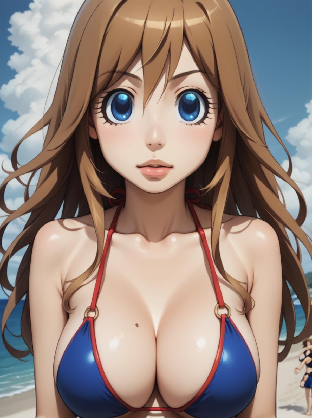 score_9, score_8_up, score_7_up, BREAK source_anime,  <lora:youjo_senki_Viktoriya_Serebryakov:0.8>,visha,, 1girl, blue eyes,long brown hair,bikini,beach