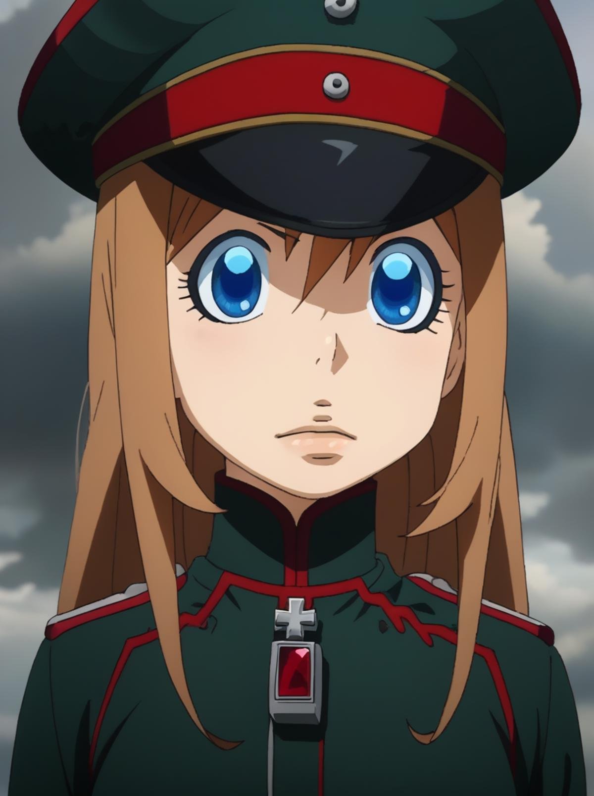 score_9, score_8_up, score_7_up, BREAK source_anime,  <lora:youjo_senki_Viktoriya_Serebryakov:0.8>,visha, , 1girl, solo, military uniform, blue eyes,brown hair, long hair, peaked cap, military hat