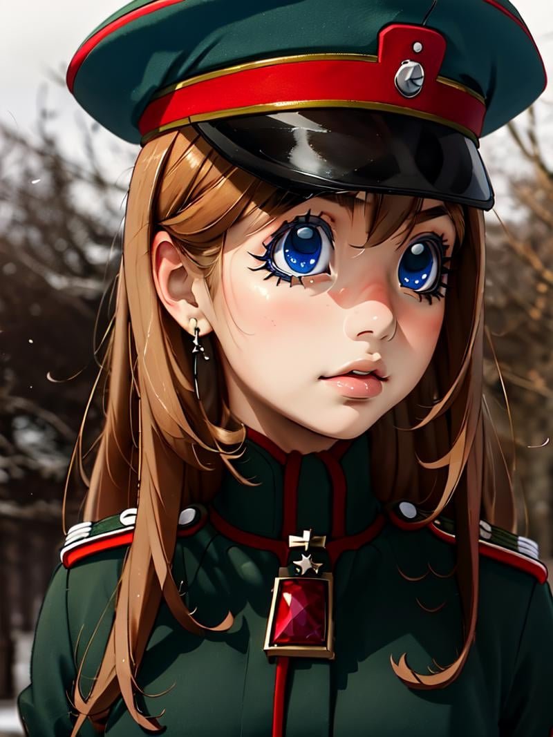 masterpiece,visha, , 1girl, solo, military uniform, , blue eyes, , , brown hair, long hair, , military hat, <lora:youjo_senki_Viktoriya_Serebryakov_sd:0.8>