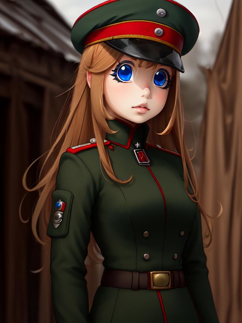 masterpiece,visha, , 1girl, solo, military uniform, , blue eyes, , , brown hair, long hair, , military hat, <lora:youjo_senki_Viktoriya_Serebryakov_sd:0.8>