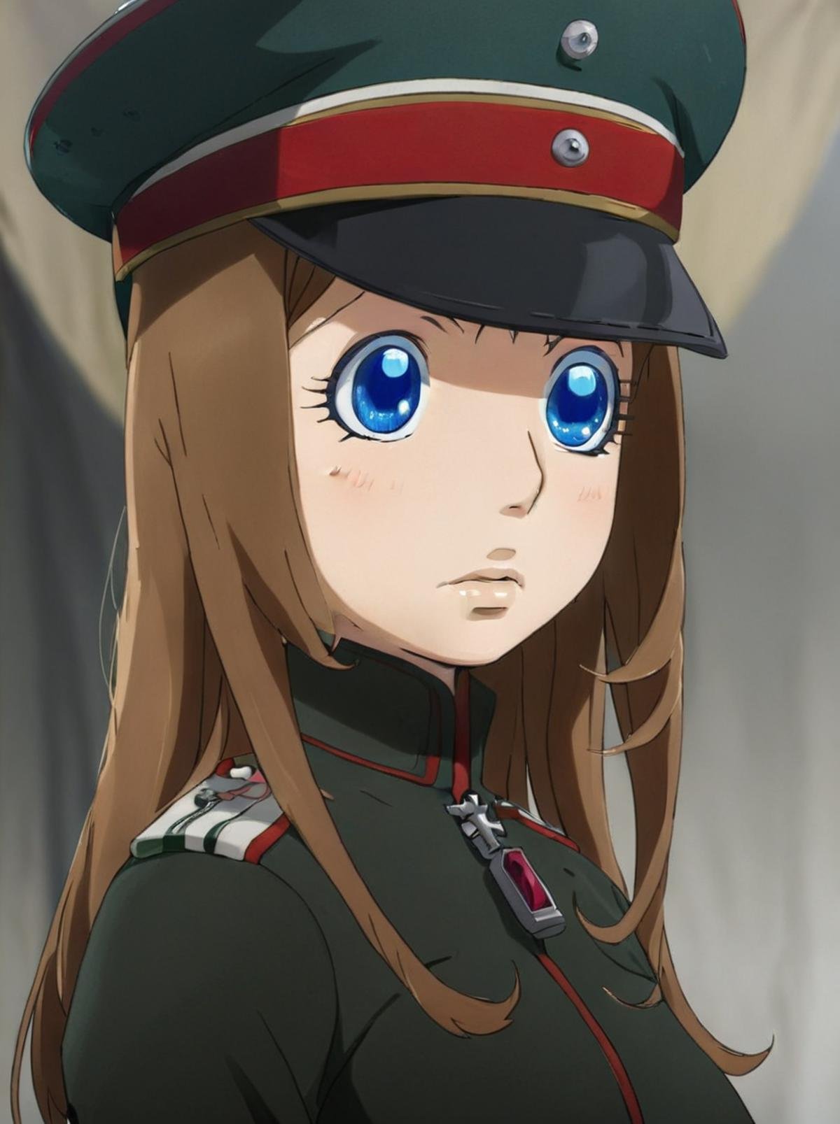 <lora:youjo_senki_Viktoriya_Serebryakov_XL:0.8>,masterpiece,visha,1girl,solo,blue eyes,long brown hair,military hat,military uniform