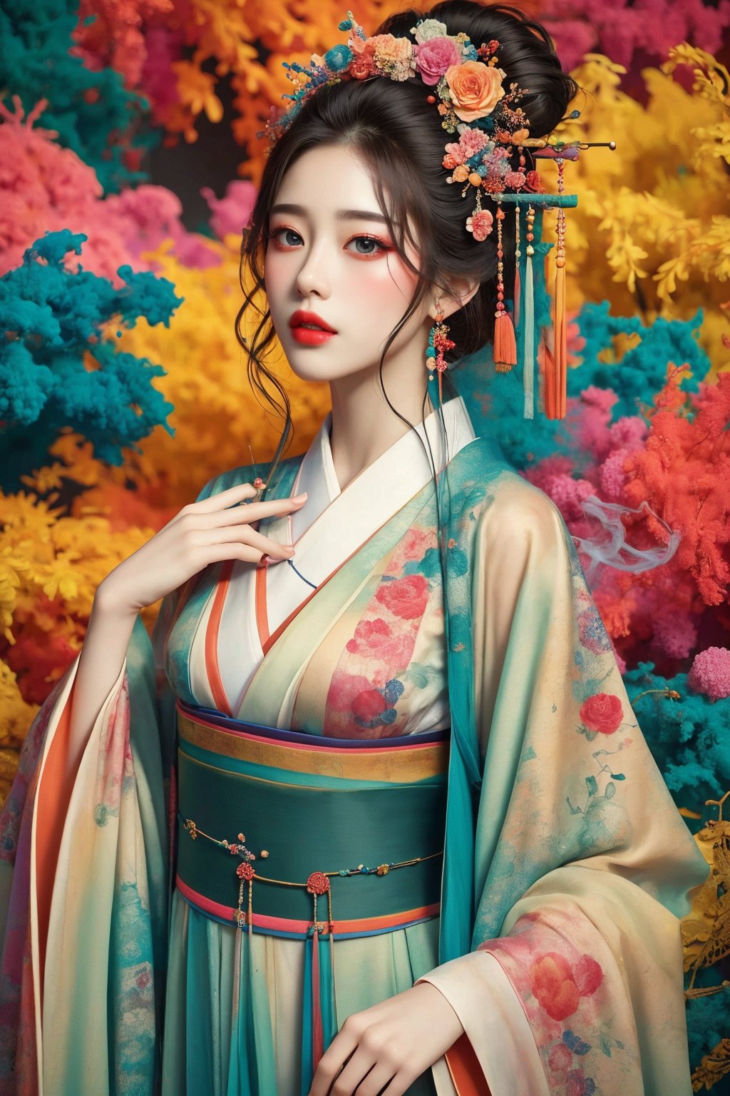 busty and sexy girl, 8k, masterpiece, ultra-realistic, best quality, high resolution, high definition, HANFU, SPLASH COLORFUL INK, COLORFUL SMOKE, FLOWER HEADPIECES,SIH
