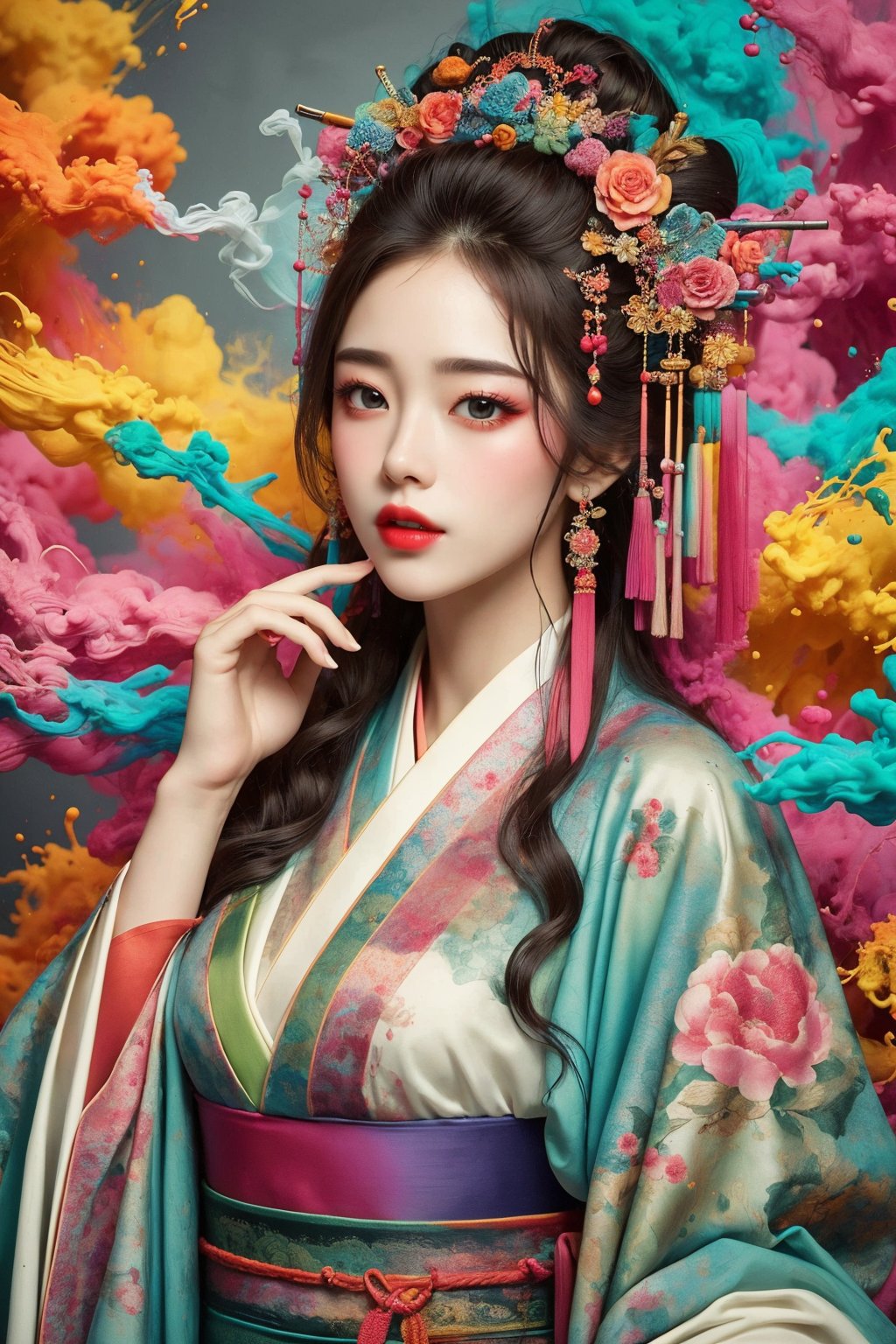 busty and sexy girl, 8k, masterpiece, ultra-realistic, best quality, high resolution, high definition, HANFU, SPLASH COLORFUL INK, COLORFUL SMOKE, FLOWER HEADPIECES,SIH