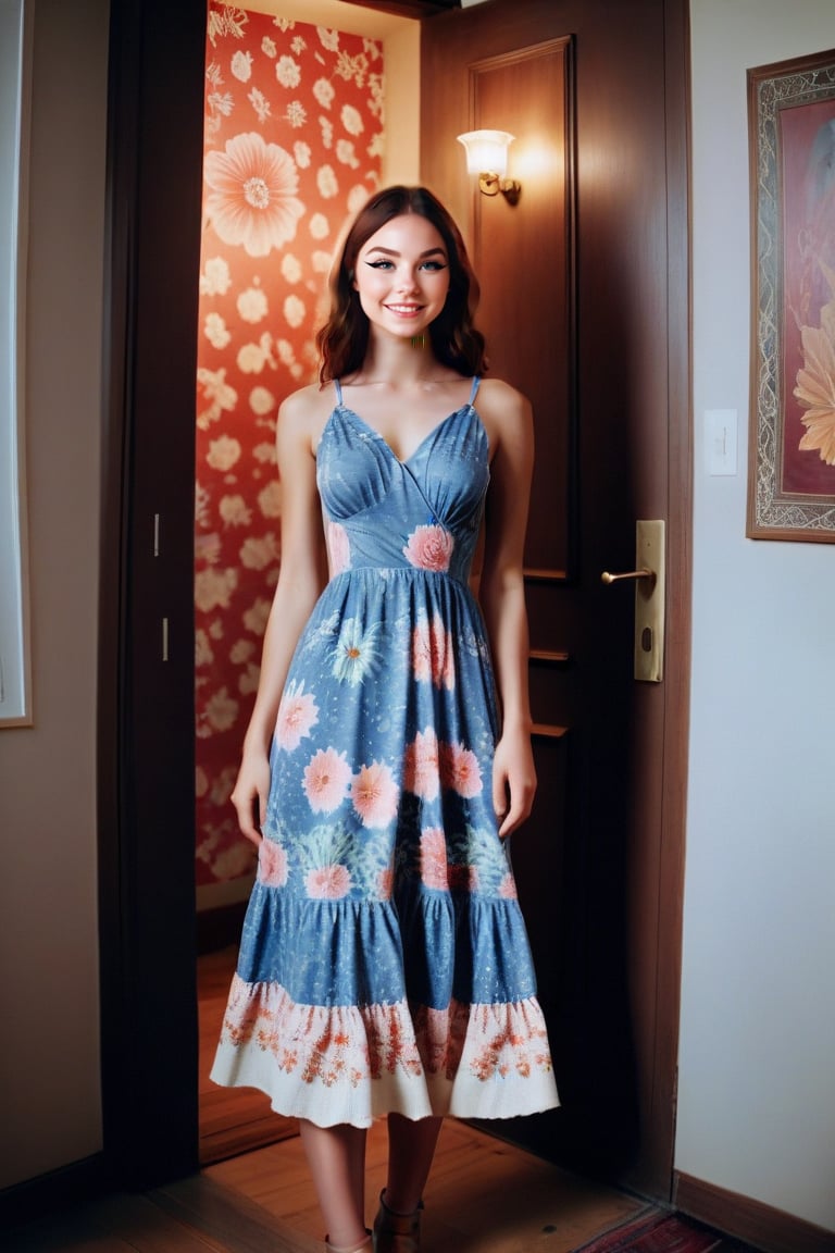 Strikingly beautiful college girl, art floral dress, standing at the entrance of a boho apartment ,aw0k, ,photorealistic,movie still,  film still, cinematic,  cinematic shot, cinematic lighting, 35mm film,candid photography,sophieemuddX,