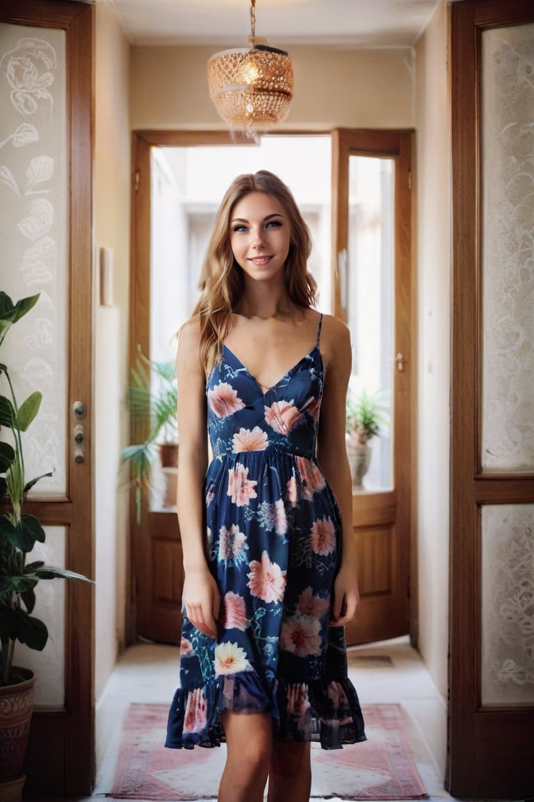 Strikingly beautiful college girl, art floral dress, standing at the entrance of a boho apartment ,aw0k, ,photorealistic,movie still,  film still, cinematic,  cinematic shot, cinematic lighting, 35mm film,candid photography, ,krystal_boyd