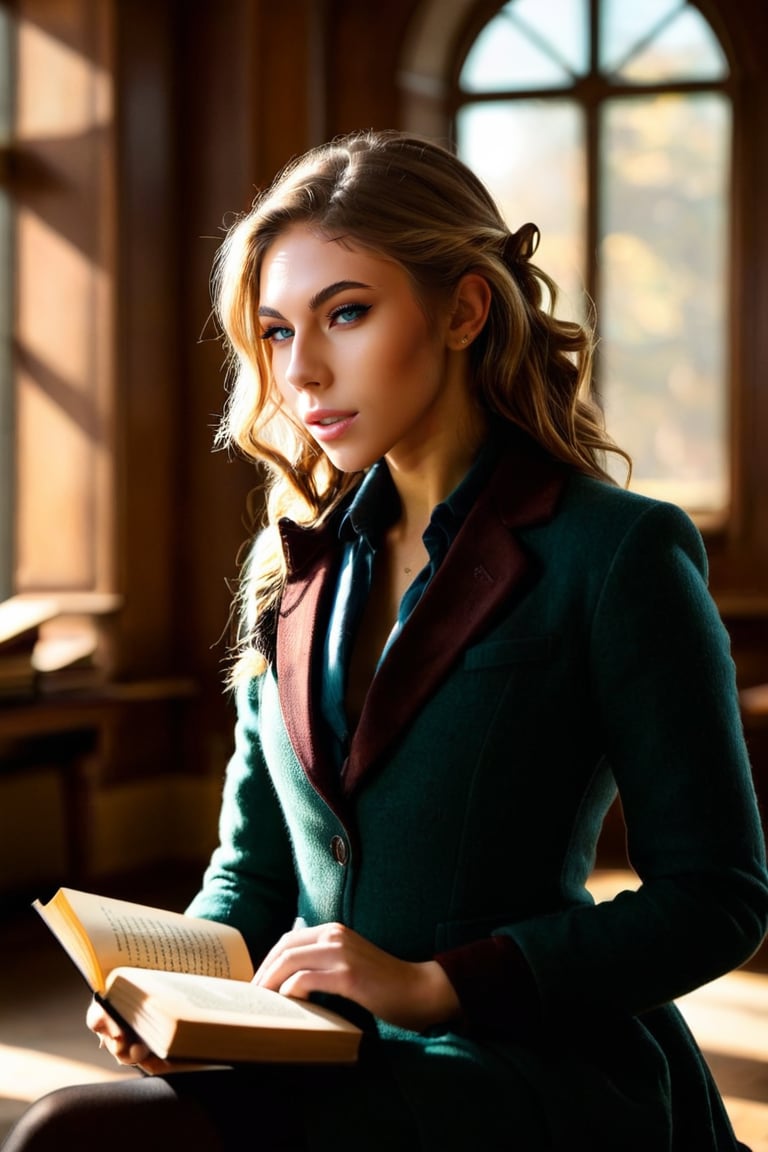 HQ photography, closeup portrait, sharp focus, bokeh background, high contrast, In a serene, cinematic setting, a lovely, young woman, reminiscent of Angeline, sits in an antique university library, looking at the book, Degas-like attention to detail captures every curl and curve of her body. In the background, an antique library full of books and ladders is bathed by the afternoon sun rays, creating a sense of depth and atmosphere. The overall effect is stunning, with cinematic flair, masterpiece, shines brightly on ArtStation, trending for all to admire.,dark academia outfit, brown teal color palette, Rembrandt Lighting Style,darkacademia,photorealistic,tweed blazer, collar shirt, beret,Kodak Motion Picture Film Style, ohwx woman, ohwx, ,krystal_boyd