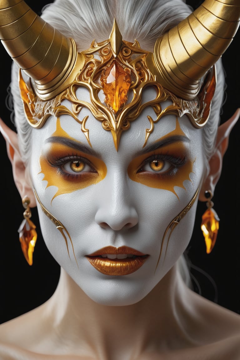 the face of a woman dressed in demon attire, in the style of light gray and light gold, vibrant illustrations, intricately sculpted, realistic hyper-detailed portraits, white and amber, queencore, depicts real life Wide range of colors., Dramatic,Dynamic,Cinematic,Sharp details Insane quality. Insane resolution. Insane details. Masterpiece. 32k resolution. insane details, (exquisitely beautiful), high definition, intricate design, brilliant composition,