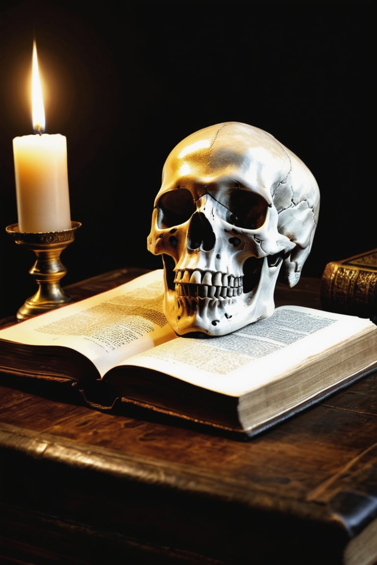 low-key. photo, (detailed crystal human skull), on a wooden table, a leather wizzaed ancient book open, a candlelight, mystical atmosphere, extremely detailed, vntblk, black, dark, background, dark, chiaroscuro, Perfectly drawn limbs. Perfectly drawn extremities. Ultra-surrealism. Masterfully detailed illustration. (insane details), UHD. 32K. Masterpiece. Surreal-Abstract Fusion Background., beautiful volumetric lighting, epic UHD, masterpiece, photorealistic, high quality, brilliant composition, (muted highlights)