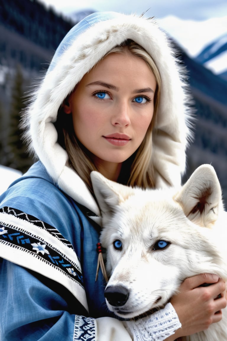 RAW photo, a beautiful cherokee blonde girl in traditional clothes with hood on, with traditional feathers holding a cute white wolf pup, very sharp, cinematic lights, (close up), macro, masterpiece, in snowy montains, light snow, deep of field, amazing natural lighting, intricate design, 32k, ultra hd, realistic, highly detailed, best quality, cinematic lighting, photorealistic, hyperrealistic, high definition, extremely detailed, insane details (finely detailed beautiful blue eyes and detailed face), (brilliant composition), 