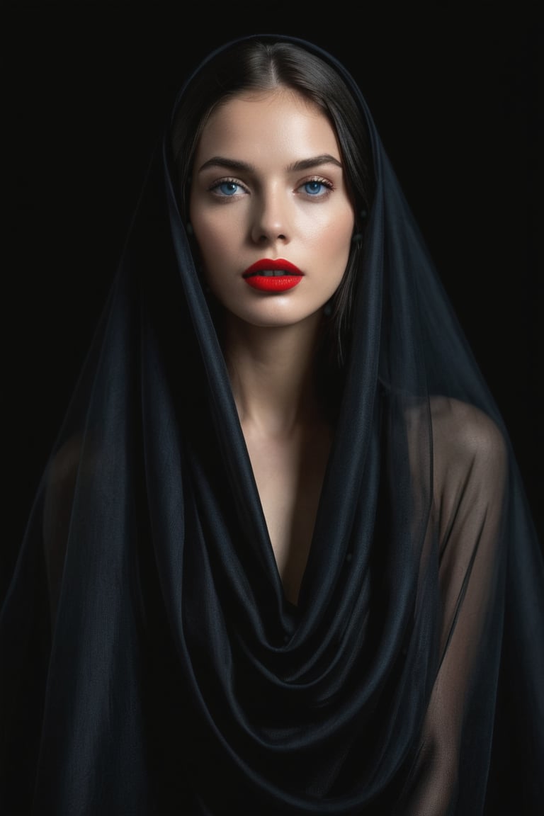 (black background), a gorgeous woman's upper body with sharp red lipstick, (covered with a floating black fabric(, (floating black fabric on head), creating an enigmatic and mysterious atmosphere, .photo of 18 years old girl, (sharp shot), ultra sharp, focus on eyes, (natural skin texture, hyperrealism, sharp), imisteryous look, (dark black hair), (dark shot), (very high contrast), dramatic shadows, finely makeup, (high quality), (ultra detail), (high resolution), (masterpiece), (complex and beautiful), (exquisitely beautiful), (finely detailed beautiful blue eyes and detailed face), (hyperrealism, 8k, extremely_detailed) photorealistic, hyperrealistic, high definition, cinematic, 12k, (brilliant composition)