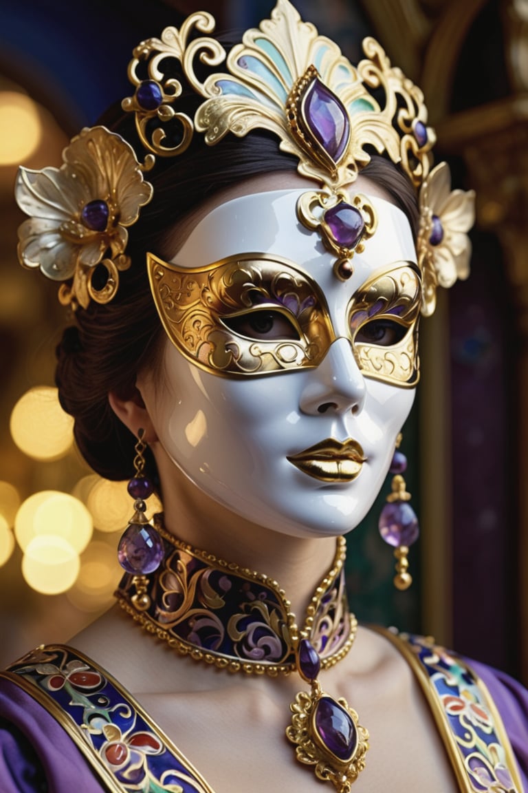 hyperrealistic, (upper body), a woman wearing an elaborate porcelain mask around her face, in the style of vray tracing, cloisonnism, amethyst and gold,. miniature sculpturesextremely detailed, impressionistic venice scenes, realistic fantasy artwork, exquisite detail, rendering, 8k, insane details