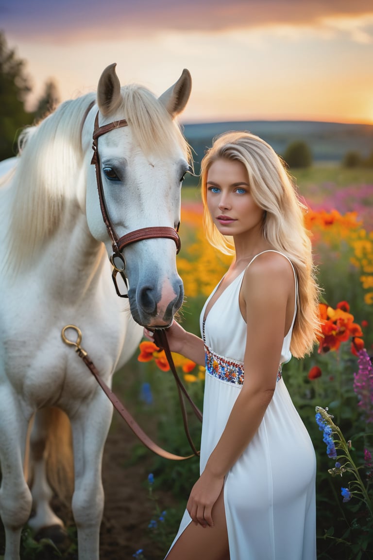 hyper realistic image of a gorgeous 18 years old girl standing next to a white horse,.wearing a short white dress with a plunging neckline and a high slit. She is barefoot and has her long, blond hair flowing down her back. enigmatic and mysterious look, looking at the camera. The horse is standing next to her, on a colorful wildflowers field, at sunset, vibrant colors, (finely detailed beautiful face and detailed blue eyes), Epic, masterpiece, hyperrealistic, photorealistic, insane details, cinematic lights, 12k, (brilliant composition),