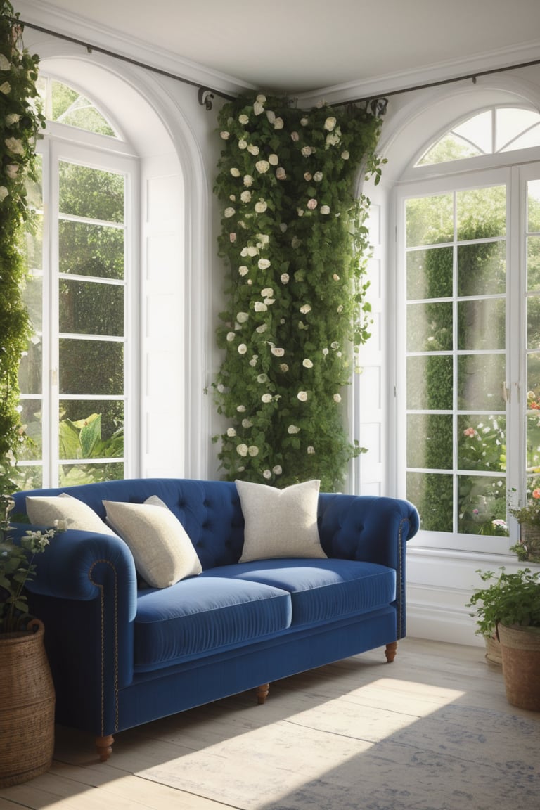 a cozy fantasy reading room, white washed, a cozy blue couch by the window, flower vines, indoor garden, flowers, sunlight, cinematic_lighting, book shelves, lush forest outside, window, French doors, white curtains,Extremely Realistic,.(complex and beautiful), photorealistic, cinematic,  (gorgeous), insane details, 12K, UHD, brilliant composition