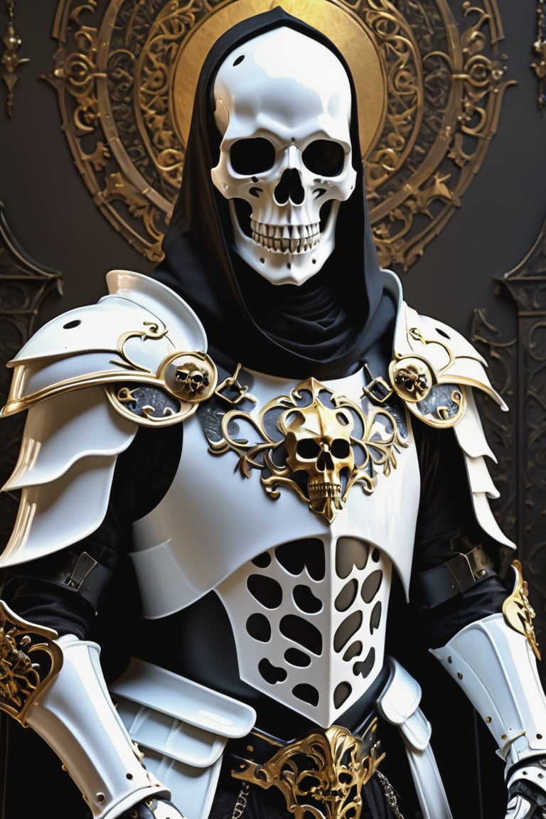 Photorealistic, skeletton knight, (extremely ornate white porcelain armour), fantasy artwork, abstract fragments, (skull head with black hood on), (bright golden eyes), dark messy gothic background, (complex ornated white porcelain armor inlaid with 3D rendering golden gothic insane details) and (oversized shoulder armor), realistic_fantasy, ghost phantom effect, gothic references, (realism pushed to extreme), (newest ai-generated), ultra-detailed, best shadow, (urban surrealism), (fine digital artwork), high contrast, (best illumination, extremely delicate and beautiful), (muted highlights), (dark white and dark gray), highly detailed, 8k, insane details, (brilliant composition)