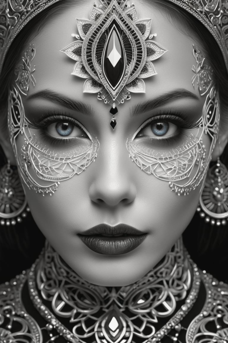 (Black and white), intricate details, close-up of a woman's face with an intricate design, fantasy artwork, detailed patterned skin, abstract fragments, impressive eyes, mixed media, 3D rendering Silver painting, symmetrical beauty, ambient occlusion rendering, psytrance), Detailed Textures, high quality, high resolution, high Accuracy, realism, color correction, Proper lighting settings, harmonious composition, Behance works, goth girl (masterpiece), (best quality), newest ai-generated, ultra-detailed, best shadow, high contrast, (best illumination, an extremely delicate and beautiful), (cinematic light), hyper detail, dramatic light, intricate details, 8k, very aesthetic,
