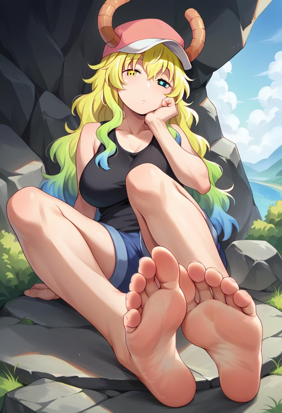 score_9, score_8_up, score_7_up, source_anime, masterpiece, 1girl, ctianlucoa, heterochromia,  black tank top, denim shorts, pink headwear, horns through headwear, looking at viewer,  <lora:LucoaPONYct:0.8>, scenery, rock, sitting, feet, foot focus, arm support, hand on chin