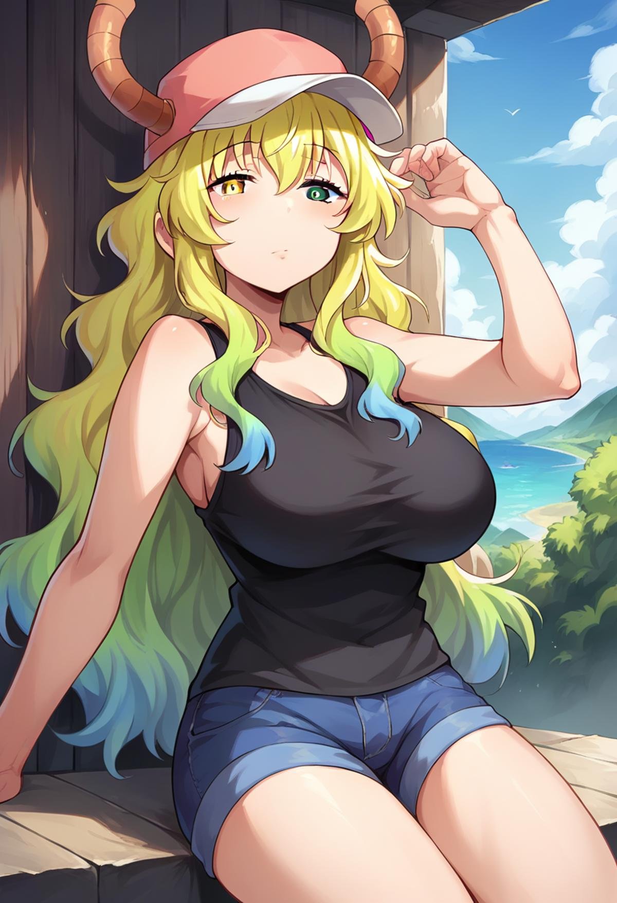 score_9, score_8_up, score_7_up, source_anime, masterpiece, 1girl, ctianlucoa, heterochromia,  black tank top, denim shorts, pink headwear, horns through headwear, looking at viewer,  <lora:LucoaPONYct:0.8>, scenery