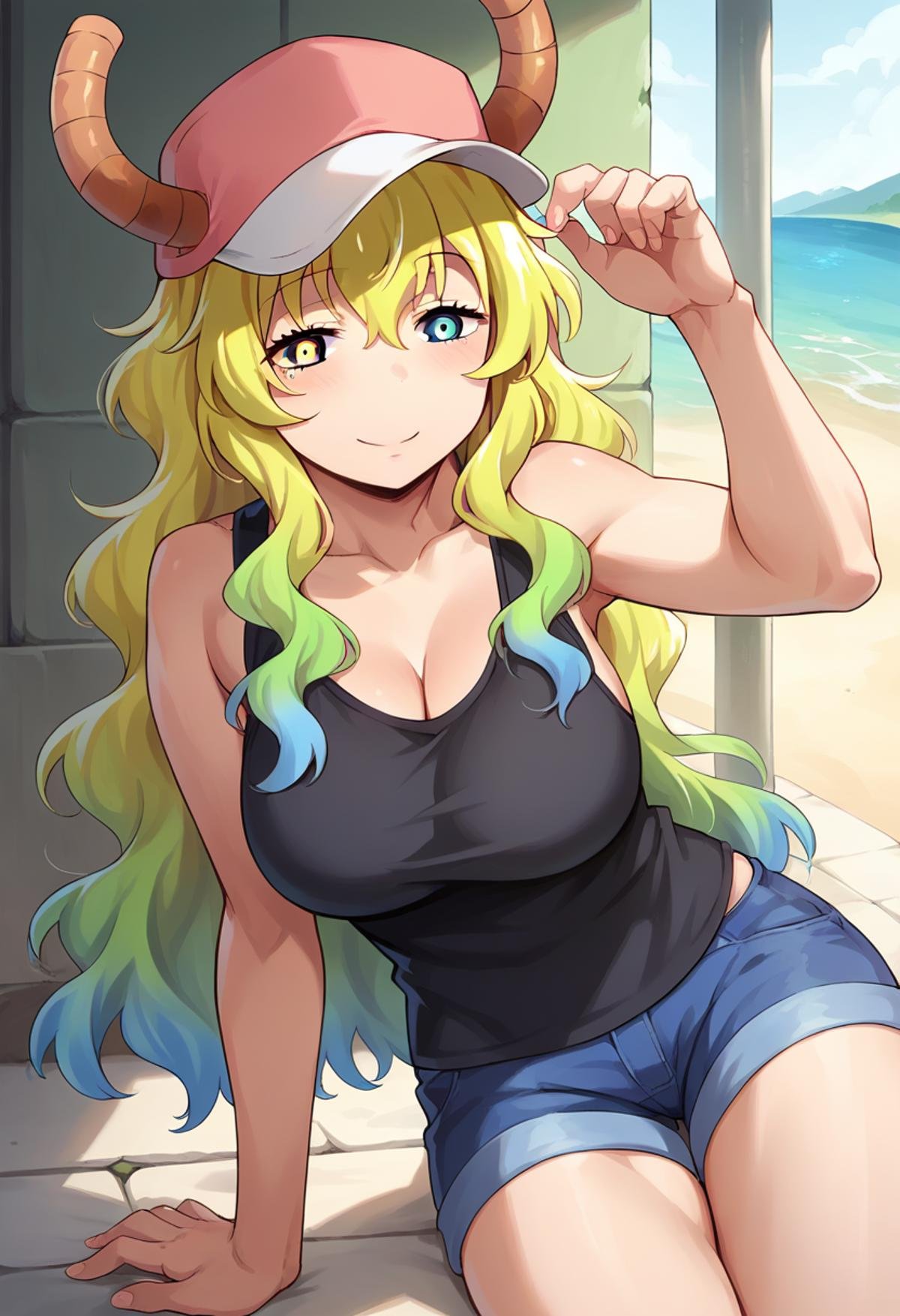 score_9, score_8_up, score_7_up, source_anime, masterpiece, 1girl, ctianlucoa, heterochromia,  black tank top, denim shorts, pink headwear, horns through headwear, looking at viewer,  <lora:LucoaPONYct:0.8>, scenery