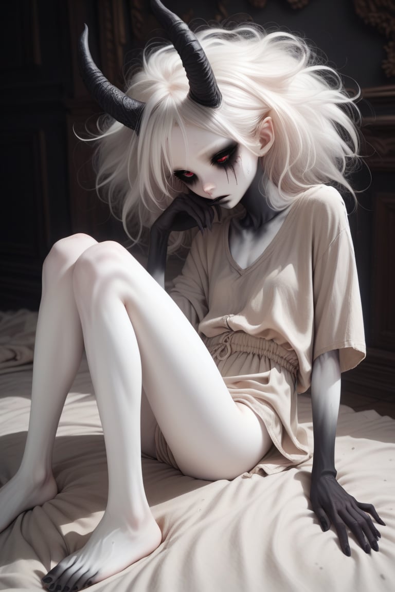 score_9, score_8_up, score_7_up, indoors, solo, BREAK, pale skin, monster girl, (white skin:1.1), black hands, black feet, skinny, slim, sitting, (in dark room:1.1), horns, white hair, colored skin, loose linen clothes